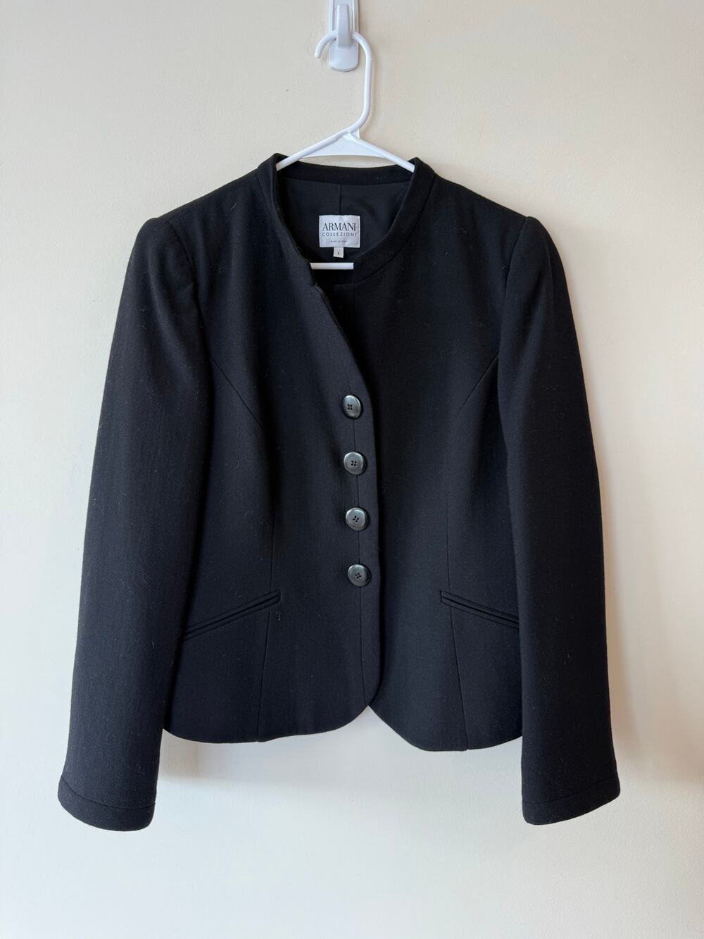 Armani Collezioni Blazer Jacket Women's SZ 8 Black Wool Collarless Button Front